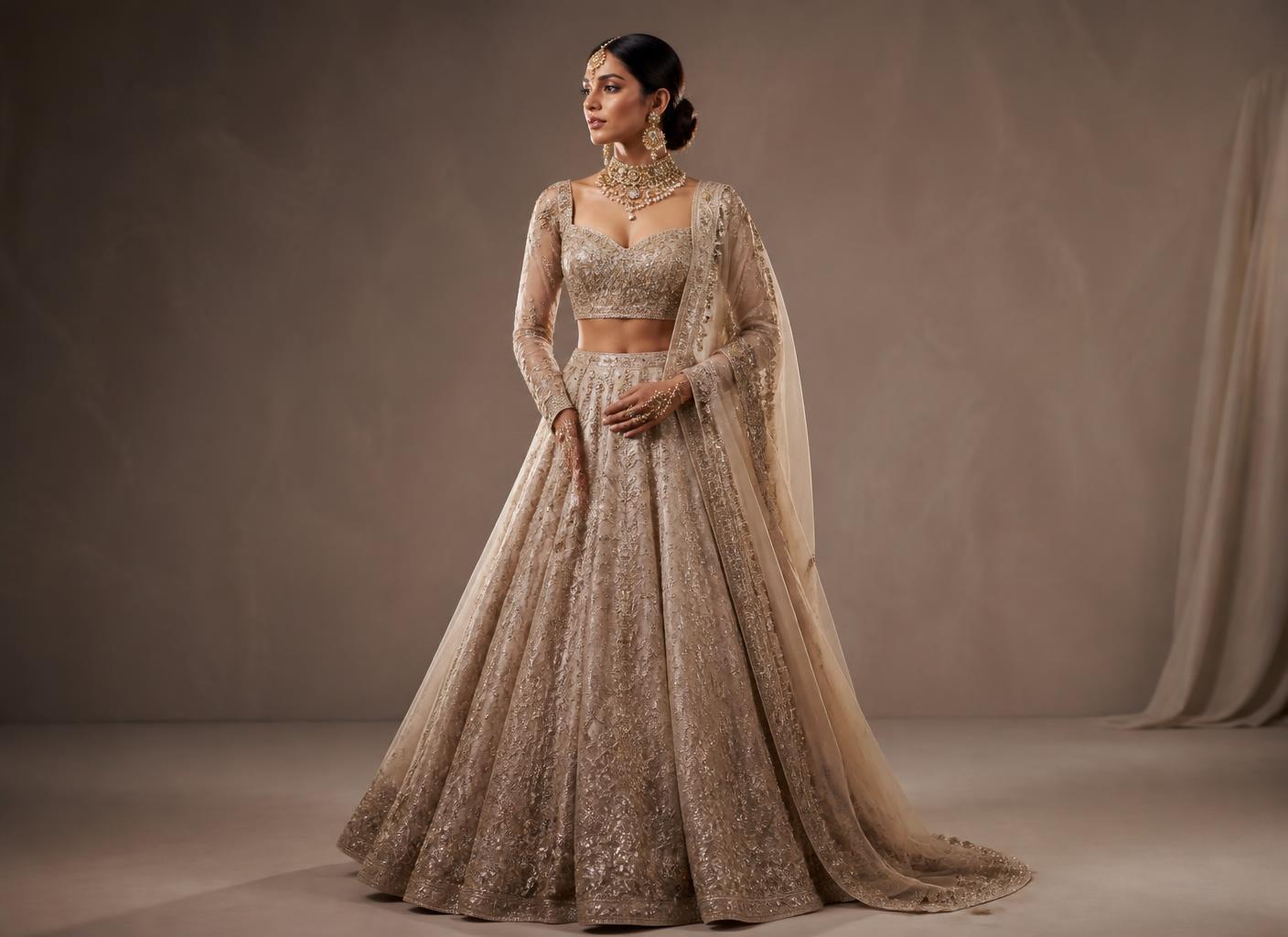 Modern champagne and gold embroidered bridal lehenga